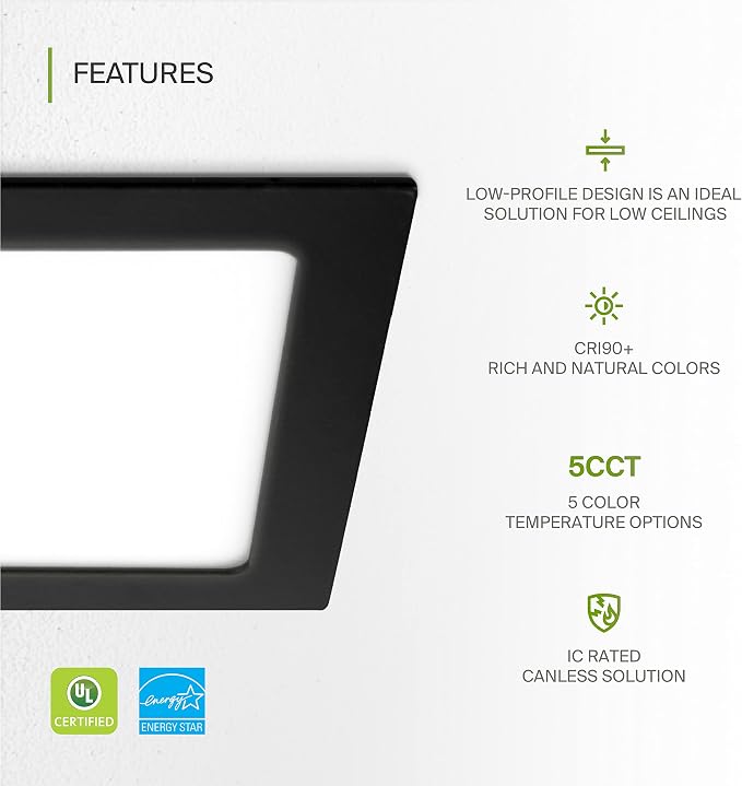 ASD 12 Pack LED Square Recessed Lighting 6 Inch, 5 CCT 2700K-5000K CRI90+, 15W 60W Eqv, Ultra Thin Dimmable Ceiling Lights with J Box, Canless Wafer Downlight, Slim Panel Light, UL Energy Star, Black
