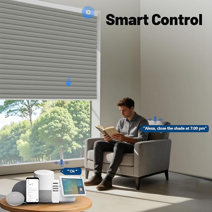 Motorized Cellular Shades with Remote, Blackout Smart Cellular Shades Compatible with Alexa, Cordless Honeycomb Window Blinds for Bedroom Home Office, Custom Size, Blackout Light Grey