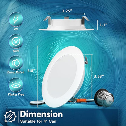 FREELICHT 6 Pack 4 Inch Retrofit LED Recessed Lighting, Selectable 2700K/3000K/4000K/5000K/6000K, Dimmable Flat LED Can Lights, 7W=60W, 700LM, IC & Damp Rated, ETL & FCC, White