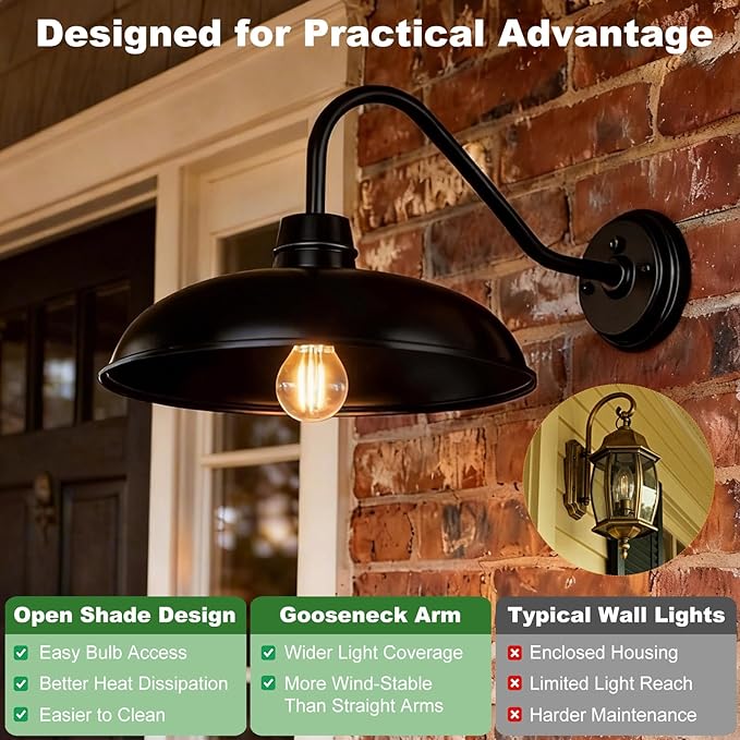 FILIYANO Large Dusk to Dawn Gooseneck Barn Light, 14 Inch 2-Pack Farmhouse Exterior Lighting Fixtures, Industrial Vintage Waterproof Stain Black Wall Mount Sconce for Cottage Garage Porch