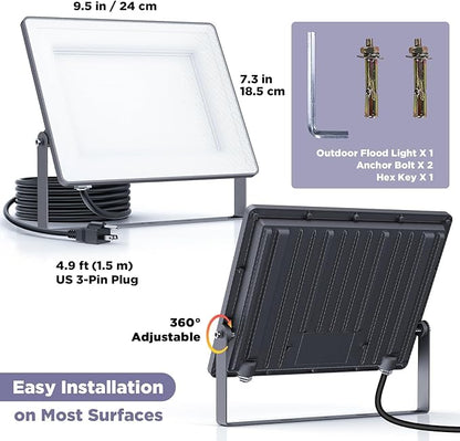 100W 12000LM Flood Lights Outdoor, Bright LED Work Light with Plug, 6500K Daylight White LED Flood Lighting, Security Yard Lights, Waterproof for Garage, Yard, Porch 1 Pack