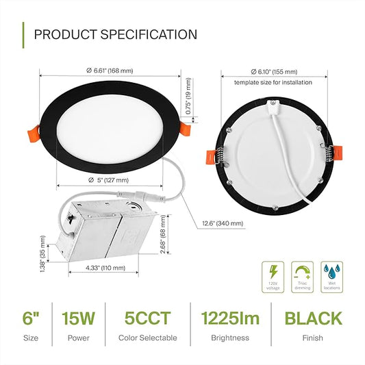ASD 1 Pack LED Recessed Lighting 6 Inch 15W, 5 CCT 2700K-5000K CRI90+, IC Rated Ultra Thin Dimmable Ceiling Lights with J Box, Canless Wafer Downlight, Round Slim Panel Light, UL Energy Star, Black