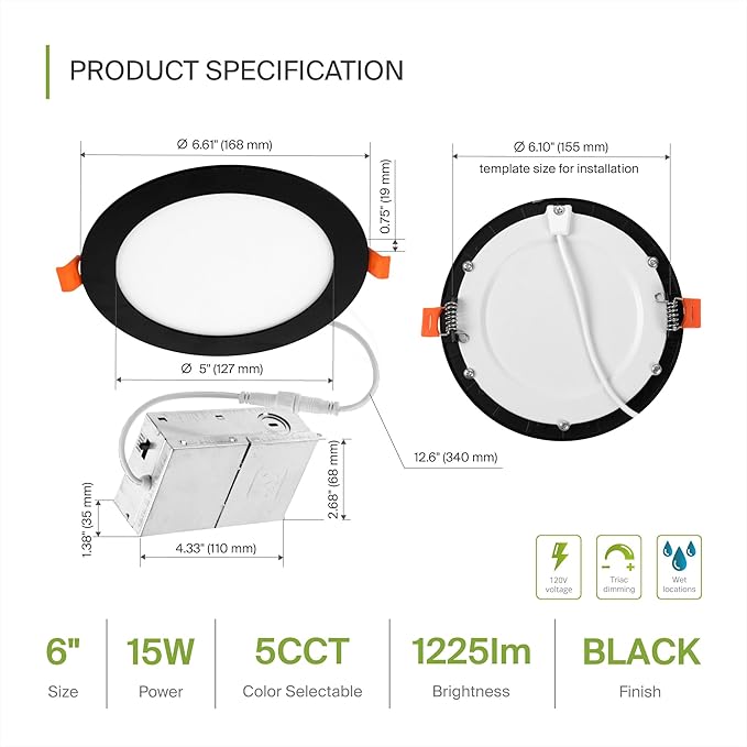 ASD 12 Pack LED Recessed Lighting 6 Inch 15W, 5 CCT 2700K-5000K CRI90+, IC Rated Ultra Thin Dimmable Ceiling Lights with J Box, Canless Wafer Downlight, Round Slim Panel Light, UL Energy Star, Black