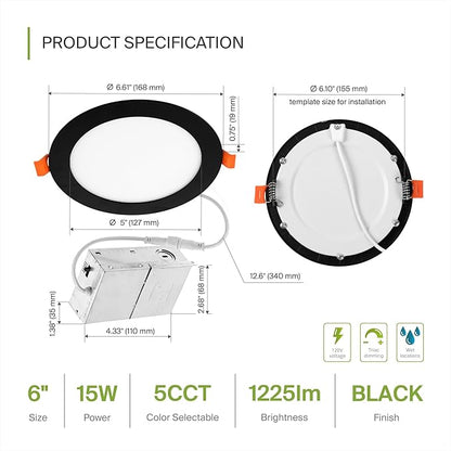 ASD 6 Pack LED Recessed Lighting 6 Inch 15W, 5 CCT 2700K-5000K CRI90+, IC Rated Ultra Thin Dimmable Ceiling Lights with J Box, Canless Wafer Downlight, Round Slim Panel Light, UL Energy Star, Black