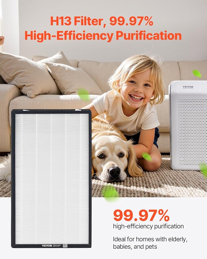 VEVOR Air Purifier Replacement Filter, H13, 2-in-1 Compact & Lightweight Replacement Filter with Non-Woven Fabric, Easy-to-Install Purifier Filter with Activated Carbon, Fit for Square Purifier