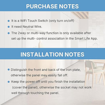2nd Generation WiFi RF433 Smart Touch Wall Single Fire Smart Switch,No Neutral Wire Needed Compatible with Smart Life/Tuya App, Compatible with Alexa and Google Home (White 1 Gang, White)