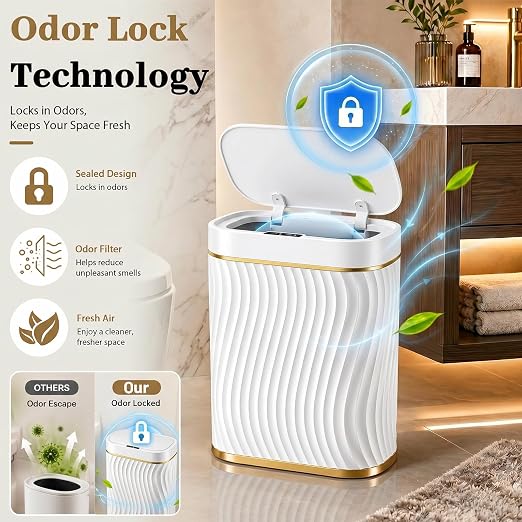 5 Gallon Automatic Bathroom Trash Can with Touchless Lid, White Gold