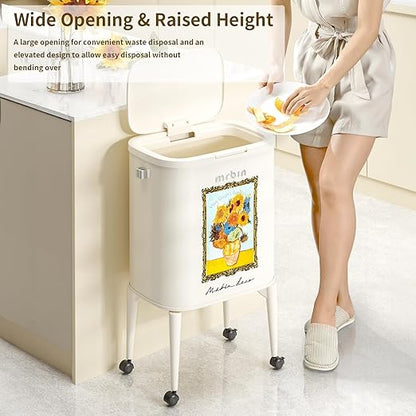 MRBIN Metal Kitchen Trash Can with Wheel Legs, 36L / 9.5gal Medium Press Lid Slim Waste Basket, Pet Proof Tall Narrow Garbage Pail for Vanity, Bedroom, Bathroom, Living Room, Sunflower