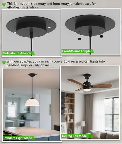 Recessed Can Light Conversion Kit for 5" and 6" Ceiling Fixtures - Pendant/Hanging Light Upgrade, Compatible with Ceiling Fans, Includes 7¾" Flat Steel Medallion, Black Finish