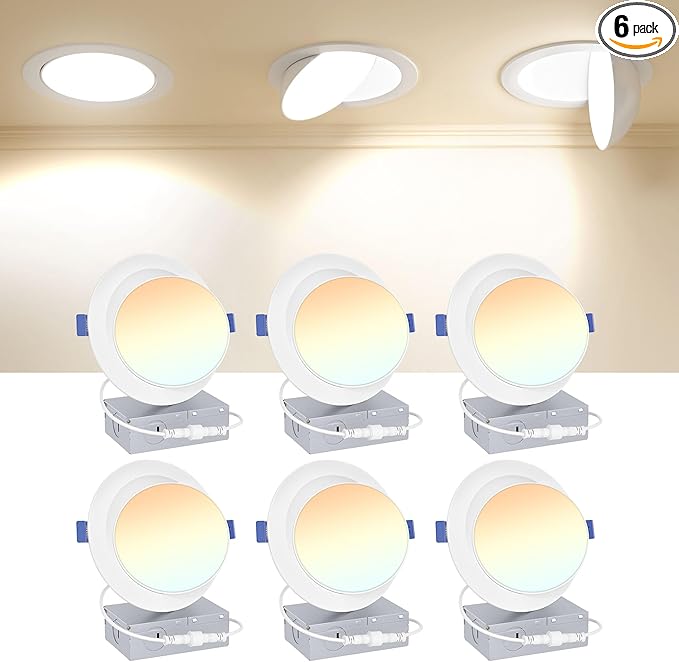 Ensenior 6 Pack 6 inch Gimbal Led Recessed Lighting, 90° Rotatable and 5CCT Selectable, Dimmable Eyeball Recessed Lights, Angled Adjustable Ceiling Downlight, 1200LM, 12W=115W-ETL&FCC Certified