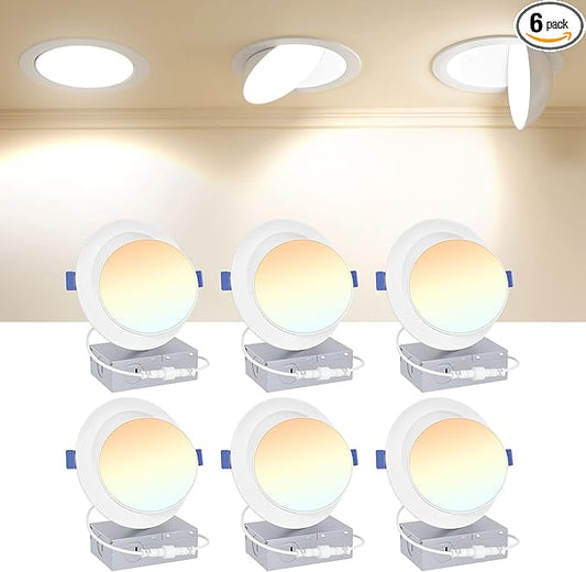 Ensenior 6 Pack 6 inch Gimbal Led Recessed Lighting, 90° Rotatable and 5CCT Selectable, Dimmable Eyeball Recessed Lights, Angled Adjustable Ceiling Downlight, 1200LM, 12W=115W-ETL&FCC Certified