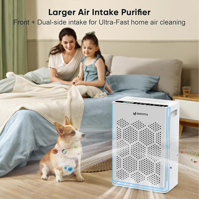 DAYETTE Air Purifiers for Home Large Room Up to 2400 Ft² with HEPA 14 Filter, Pet Air Purifier with Washable Prefilter for Bedroom with Fragrance, Air Cleaner for Smoke Dust Pets Hair Odor, WhiteBlack