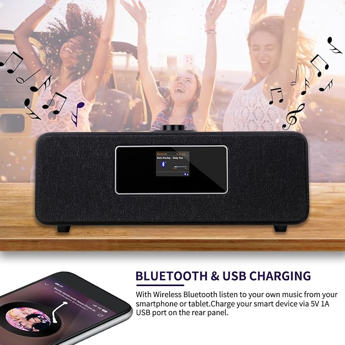 MS3 Stereo Smart Music System with Internet Radio, FM Digital Radio,Clock Radio,Spotify Connect,Bluetooth Speaker,WiFi Speaker,Headphone-Out,Alarms,Presets,Remote and App Control–Black Oak