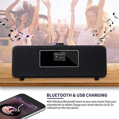MS3 Stereo Smart Music System with Internet Radio, FM Digital Radio,Clock Radio,Spotify Connect,Bluetooth Speaker,WiFi Speaker,Headphone-Out,Alarms,Presets,Remote and App Control–Black Oak