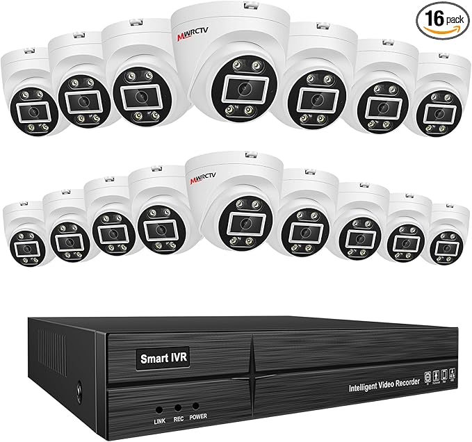 MWRCTV 4K PoE Security Camera System,16 X 8MP Wired Dome PoE Cameras for Home Security,2.8mm Wide Angle Lens,Smart Dual Light,AI Human/Vehicle Detection,16 Port 16CH 4K NVR(NO HDD Include)