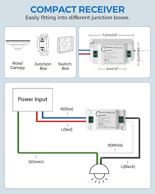 3 Way Wireless Light Switch and Receiver Kit, WILAWELS Wireless Light Switch with 2 Receivers for Ceiling Light, Fan, Lamp, Moveable, 100FT RF Range, No Wiring, No Interference W06RC2106