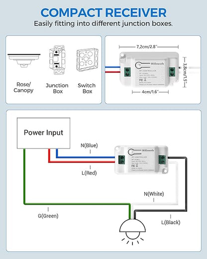 3 Way Wireless Light Switch and Receiver Kit, WILAWELS Wireless Light Switch with 2 Receivers for Ceiling Light, Fan, Lamp, Moveable, 100FT RF Range, No Wiring, No Interference W06RC2106