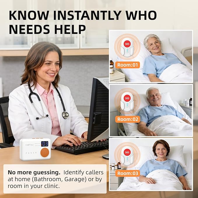 CallToU Caregiver Pager - Wireless Call Button for Elderly at Home, Portable Nurse Alert System with Vibration & Sound Alerts for Seniors and Disabled （ 2 Call Buttons + 3 receivers）