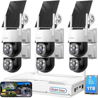 XMARTO [0-Light Night Color] 6-Cam Solar Security Camera System, 10CH Expandable 4K NVR with 1TB HDD, 2K HD Wireless PTZ, AI Tracking, WiFi6 Long Range, HDMI Monitor/TV View, 0 Monthly Fee