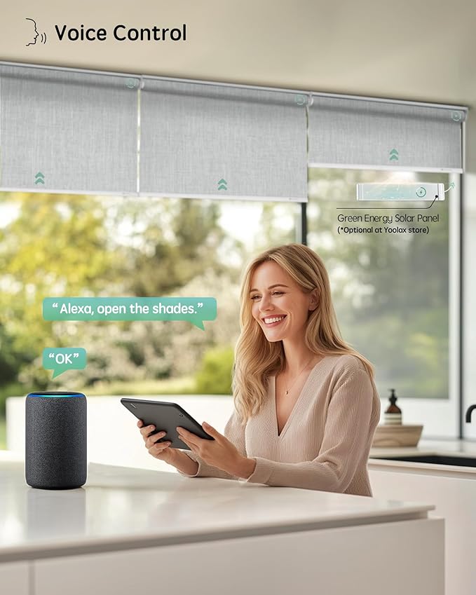Yoolax Motorized Blinds with Remote, 100% Blackout Smart Roller Shades Work with Alexa, Google, Apple Homekit, Custom Automatic Shades with Voice Control for Bedroom Office (Light Gray)
