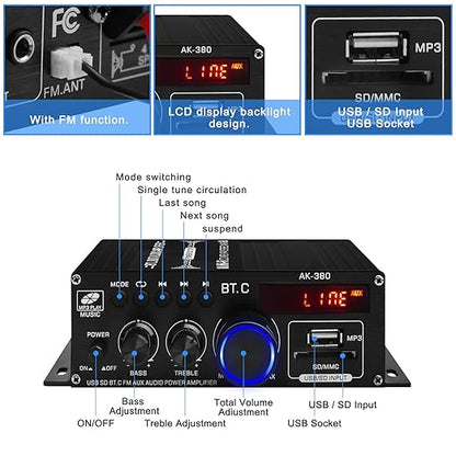 AK-380 USB SD BT.C FM AUX Audio Power Amplifier 2.0 CH 40W+40W HiFi Stereo AMP Speaker Bluetooth 5.0 Amp Receiver with 12V 5A Power Supply,FM Antenna for Car Home Bar Party