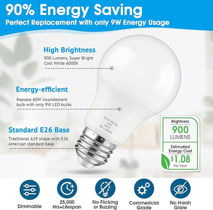 Maylaywood A19 LED Light Bulbs, 60 Watt Equivalent, Cool White 6000K, 900LM, E26 Base, Dimmable, 9W Bright White LED Bulb, 12-Pack