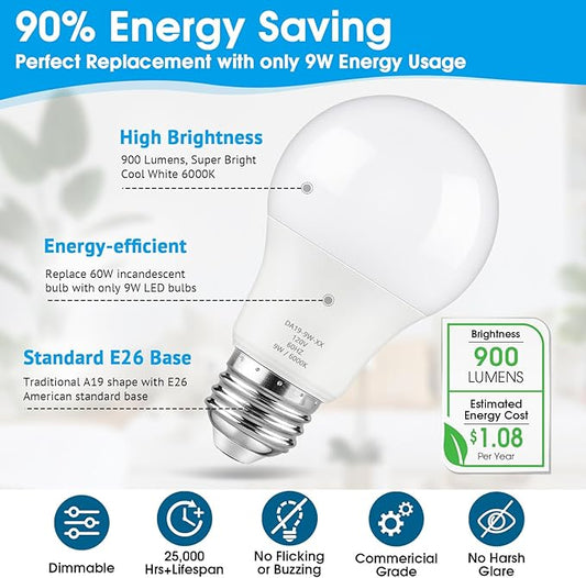 Maylaywood A19 LED Light Bulbs, 60 Watt Equivalent, Cool White 6000K, 900LM, E26 Base, Dimmable, 9W Bright White LED Bulb, 12-Pack