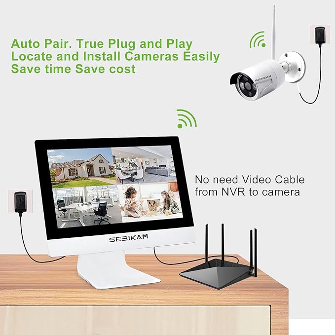 2K Wireless Security Camera System, All-in-One with 10" LCD Monitor, 4pcs 3MP Outdoor WiFi IP Cameras, Two-Way Audio, Easy Setup, Night Vision, APP Remote View, Motion Alert (No Hard Drive)