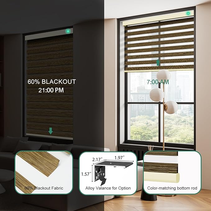Motorized Zebra Blinds with Remote [Dual Layer + Light Filtering] 60% Blackout Smart Shades for Indoor Windows, Alexa Google and HomeKit Compatible, Customized Size, Woven Desert