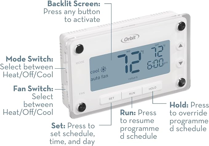 Orbit Clear Comfort Programmable Thermostat, Large Display, White - 83521 | Programmable Thermostat with Large Easy-to-Read Display for Simple Home Climate Control & Energy Savings