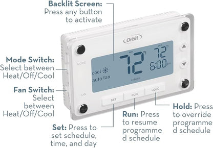 Orbit Clear Comfort Programmable Thermostat, Large Display, White - 83521 | Programmable Thermostat with Large Easy-to-Read Display for Simple Home Climate Control & Energy Savings