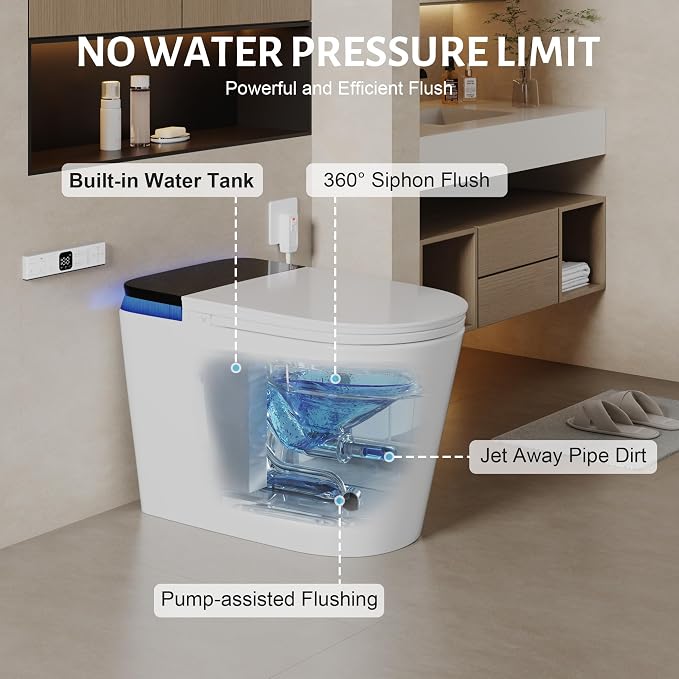 Luxury Smart Toilet with Tank, Elongated Electric Bidet Toilet with Foam Shield, Cleaner Tablets, Dual Auto Flush/Lid&Seat, Foot Sensor, UV-C light, One Piece Toilets with Dryer, LED Display