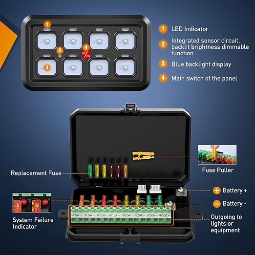 Nilight 8 Gang Switch Panel System Circuit Control Relay System Fuse Wiring Harness Automatic Dimmable ON Off LED Switch Pod for 12V Cars Trucks Campers SUV, 2 Years Warranty,Blue