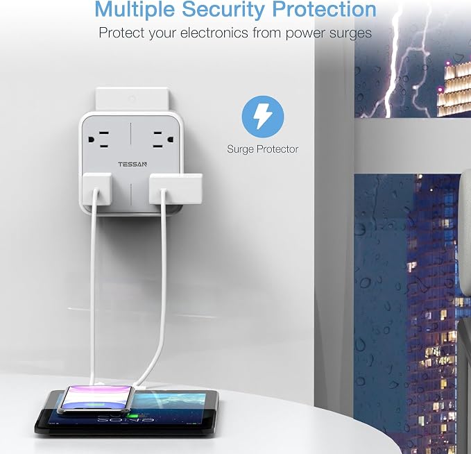 TESSAN Multi Plug Outlet Extender, Surge Protector Splitter | Multiple Outlet Wall Plug with 4 Outlets Wall Charger, Multiple Expander for Travel, Home, College Dorm Room, Gray