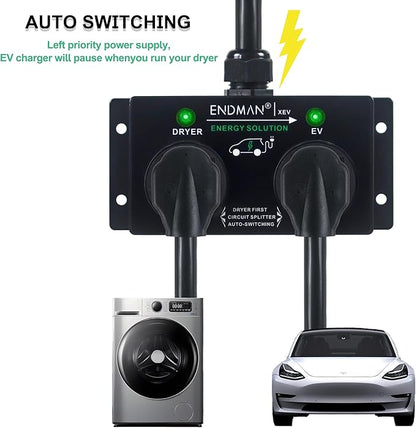 Automatic Power Switch for Dryer and EV (NEMA 10-30P Only) - 3-Prong Intelligent Splitter for Pre-1996 Homes - Share Old 240V Outlet - Compatible with Tesla & All EVs