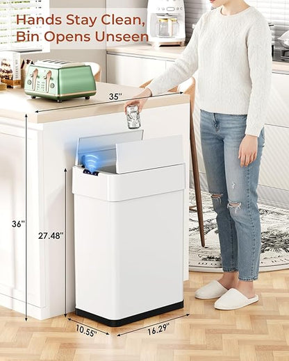 TLSUNNY 16 Gallon Automatic Trash Can, Stainless Steel Motion Sensor Garbage bin, Smart Trash Can W/Butterfly Lid, Bag Retainer Ring and Display Light for Living Room,Kitchen,Office (White, 60L)