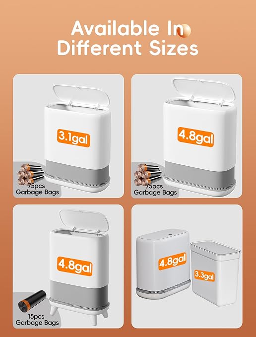 Dog Proof Small Bathroom Trash Can with Lid, Slim Press Top Garbage Can, Narrow White Plastic Waste Basket, for Bathroom Bedroom Office 2 Pack Set with 4.8 Gal and 3.3 Gal