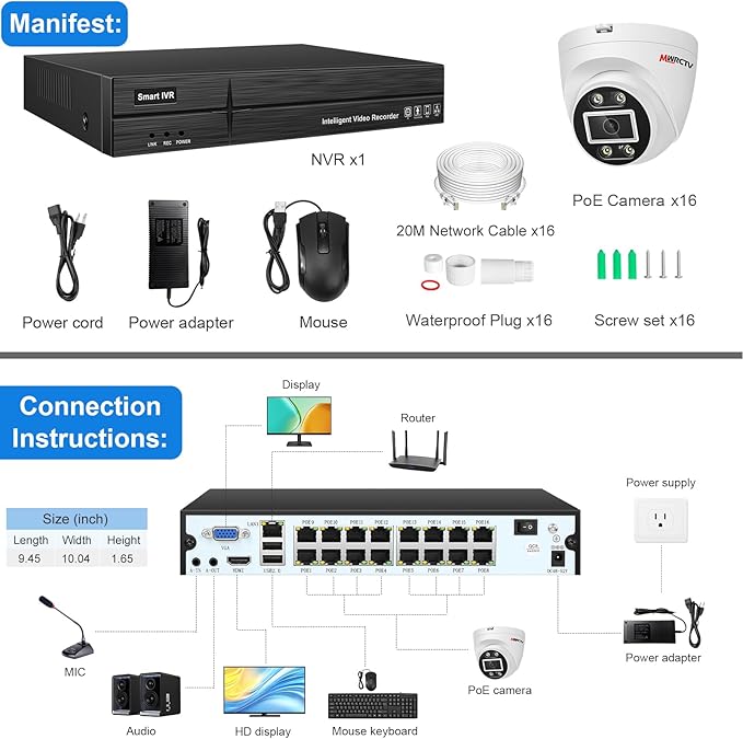 MWRCTV 4K PoE Security Camera System,16 X 8MP Wired Dome PoE Cameras for Home Security,2.8mm Wide Angle Lens,Smart Dual Light,AI Human/Vehicle Detection,16 Port 16CH 4K NVR(NO HDD Include)
