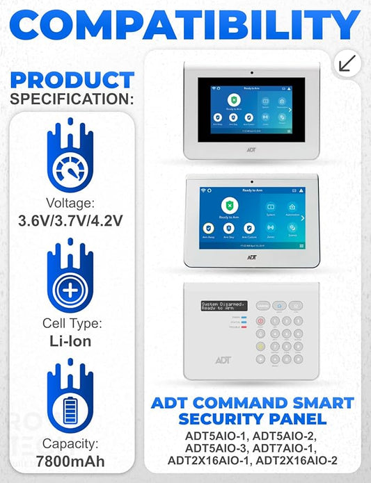 Rome Tech for ADT Command Smart Security Panel, URGENEX ADT, Honeywell – ADT Battery Replacement 3.6V/3.7V/4.2V 7800mAh Lithium-Ion Rechargeable Backup Power