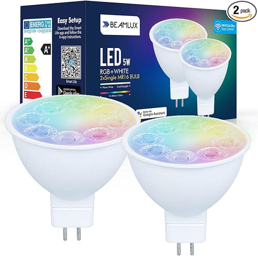 Smart WiFi MR16 Color Changing led Bulbs, Dimmable with App Control, 40° Beam Angle AC/DC12V GU5.3 Base, Compatible with Alexa and Google Home Assistant, No Hub Required 2 Pack