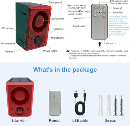 ChunHee Solar Outdoor Motion Sensor Alarm with Dog Barking Gunshot Sound, Support Recording and Adjustable Volume, 130db Loud Noise Maker 3 Work Modes Strobe Light for Home, Villa, Farm, Barn (4pack)