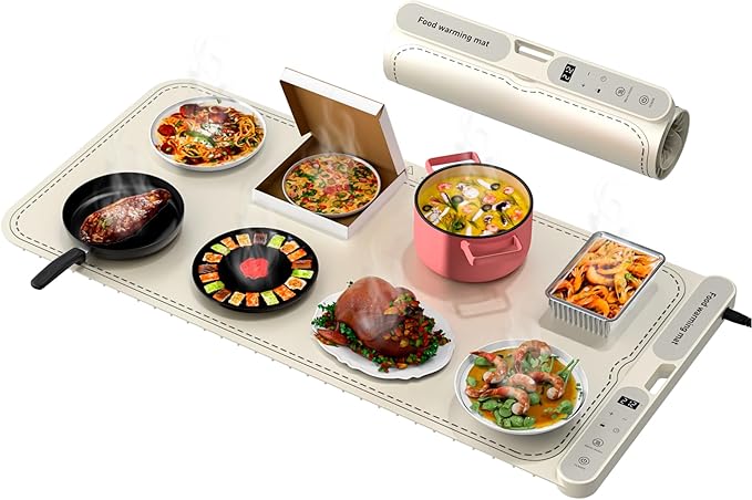 Electric Warming Tray&Food Warming MatFast Full Surface Electric Warming Tray with 7 Temp-Settings & 8H Timer, Portable Roll Up Food Warmer for Gatherings Parties Buffet -Oversized (Beige, 32''X15'')