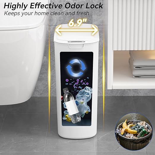 FRESHLIX Automatic Motion Sensor Bathroom Trash Can with Lid, 5 Gallon Touchless Trash Bin,Smart Electric Narrow Waterproof Garbage Bin for Toilet, Office, Bedroom, Living Room, Dorm (White