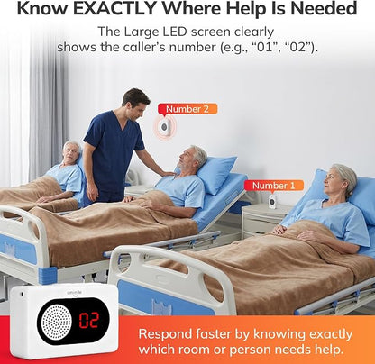 Umimile Caregiver Pager Wireless Call Button for Home, Nurse Alert with LED Display & Voice, 6 Buttons, 150m/500ft Range, 26 Ringtones, for Elderly Patient, Senior Care, Clinic & Nursing Home, White