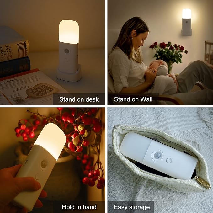 CREWEEL Motion Sensor Night Light Indoor, 2000mAh Battery Operated Lights, Cordless Table Lamps for Kids, 5 Stages Dimmable LED Nursery Night Lights for Bedroom, Bathroom, Hallway