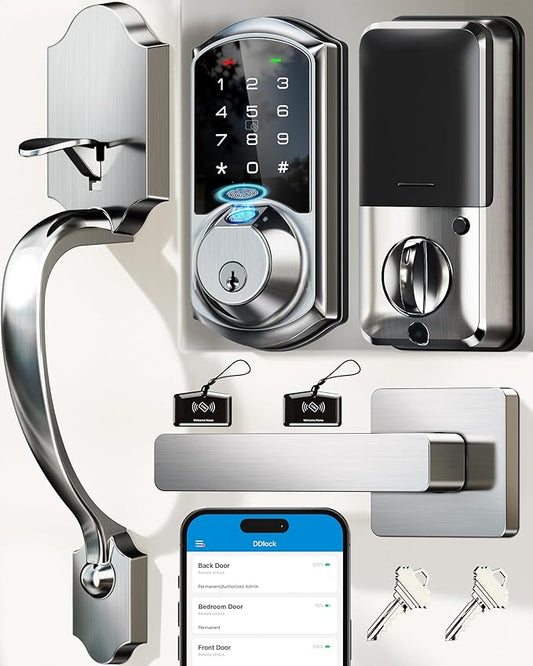 Veise VE07-H Fingerprint Smart Locks for Front Door with Handle Set, App Control, Keyless Entry Keypad Deadbolt, Digital Electronic Touchscreen, Easy Install, Auto Lock, Satin Nickel