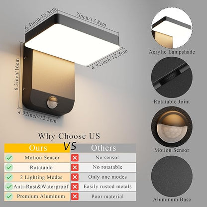 Motion Sensor Outdoor Light,Black LED 24W Exterior Motion Porch Light Modern Outdoor Wall Sconce IP65 Waterproof 3000K for House Garage
