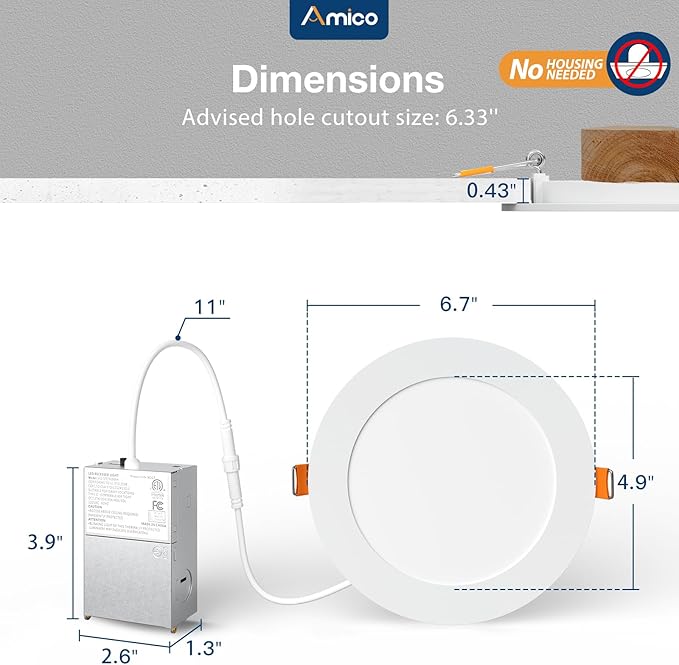 Amico 36 Pack 6 Inch 5CCT Ultra-Thin LED Recessed Ceiling Light with Metal Junction Box, 2700K-5000K Selectable, 1050 LM, Dimmable Canless Wafer Downlight, 12W Eqv 110W-ETL&FCC