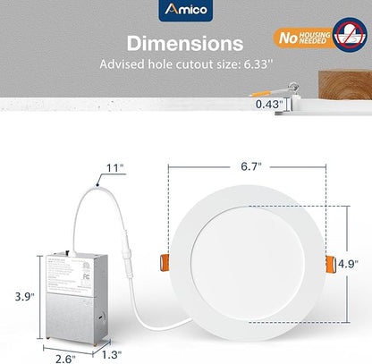 Amico 48 Pack 6 Inch 5CCT Ultra-Thin LED Recessed Ceiling Light with Metal Junction Box, 2700K-5000K Selectable, 12W Eqv 110W, Dimmable Canless Wafer Downlight with Plastic Trim, 1050 Lumens -ETL&FCC