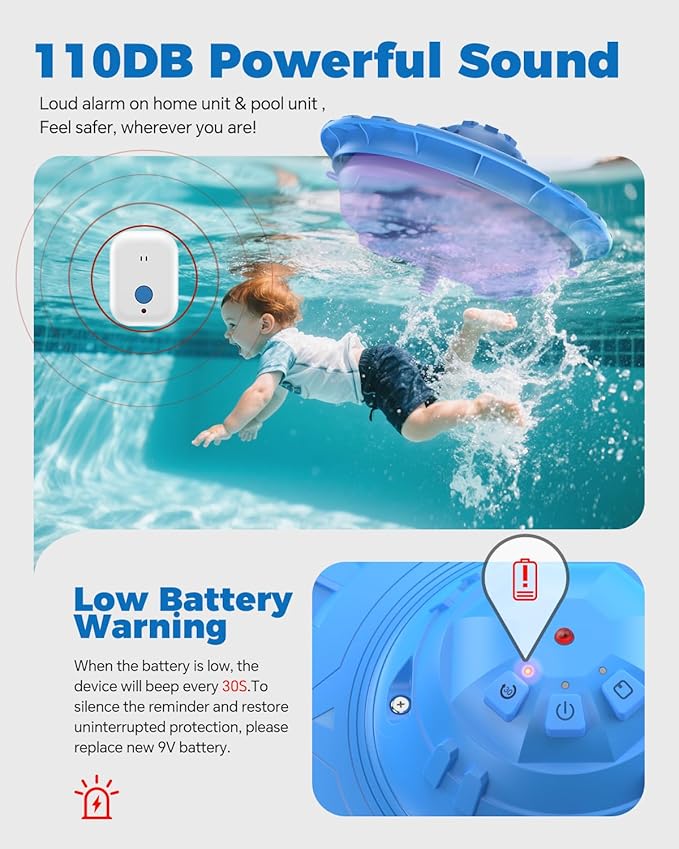 Pool Alarm with Indoor Receiver, 110dB Ultra Loud Floating Alarm for Inground & Above Ground Pools, Adjustable Sensitivity for Backyard Water Safety with Children & Pets, Navy-Violet